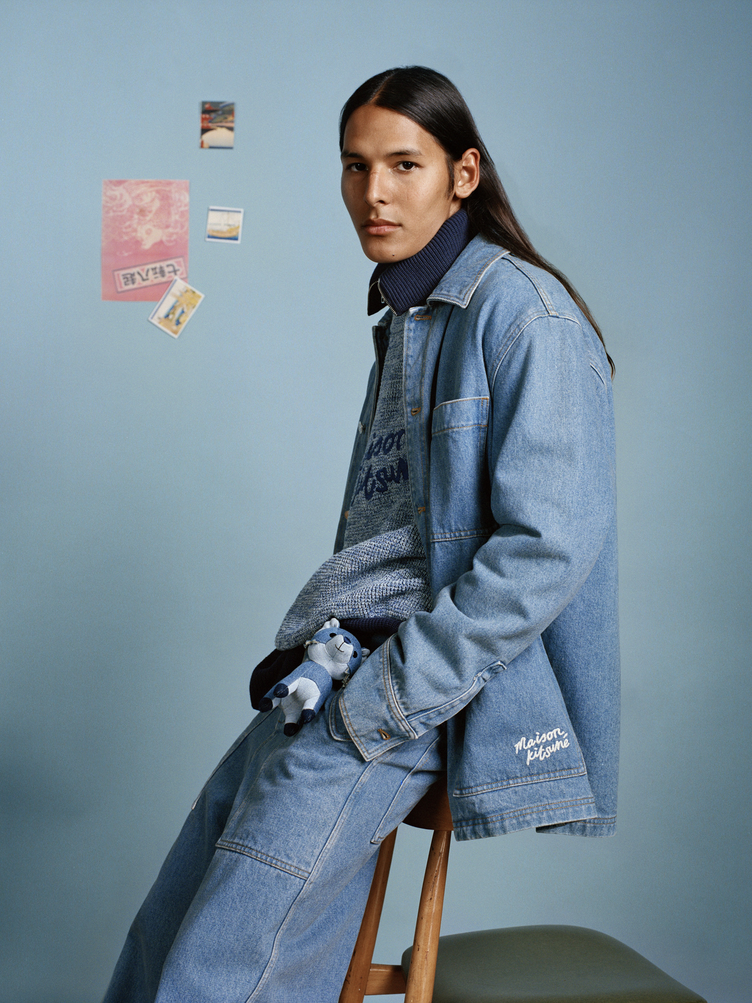 A classic denim-on-denim look from Maison Kitsuné is shown here.
