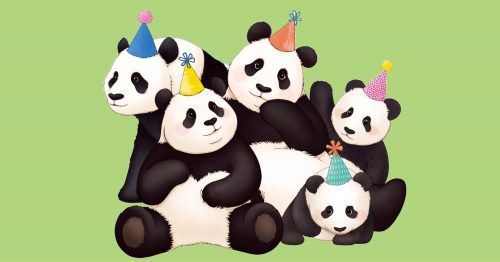 The invitation for Everland's "Bao Family Birthday Festa," featuring illustrated images of the five Bao family pandas sitting around together wearing birthday party hats, surrounded by present boxes and balloons.