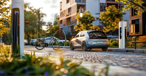 A modern electric car and electric bicycle charge at a stylish station on a cobblestone street in a lush, contemporary urban setting, illuminated by the warm evening sun.