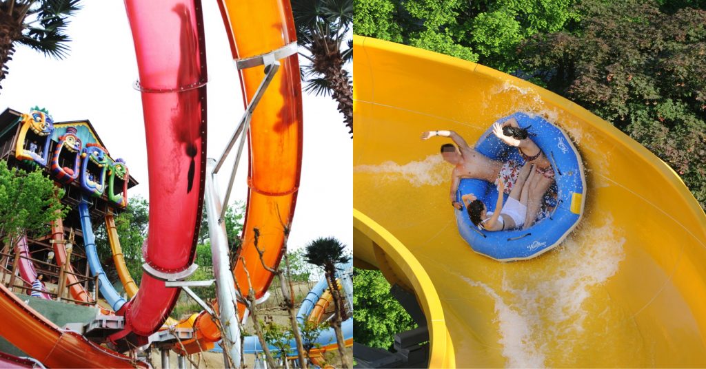 Guests at Everland’s Caribbean Bay water park enjoy water slide attractions.
