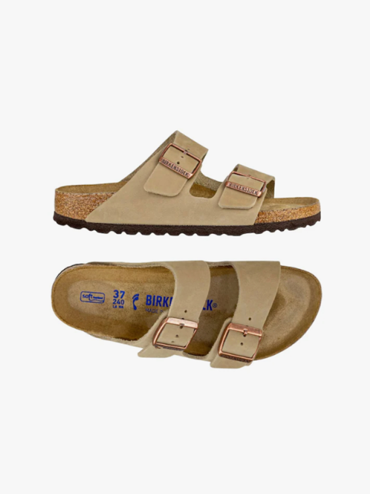 A pair of neutral colored strappy Birkenstock sandals for summer weather