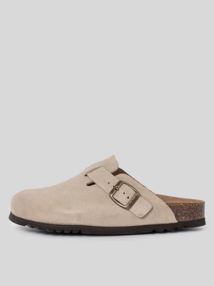 Neutral beige Scholl clogs with a buckle strap pictured