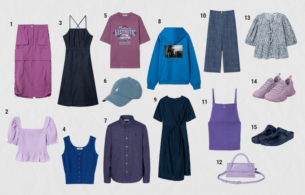 A selection of cool toned summer clothes in colours like purple, navy, cool blues and lilac. Clothing items from Korean brands including Juun.J, 8 Seconds, and Beanpole.