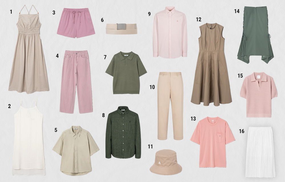 A range of neutral toned summer clothes including knit polos, dresses, men's shirts, accessories and trousers. The clothing is in a range of colors including beige, green, dusty pink and white.