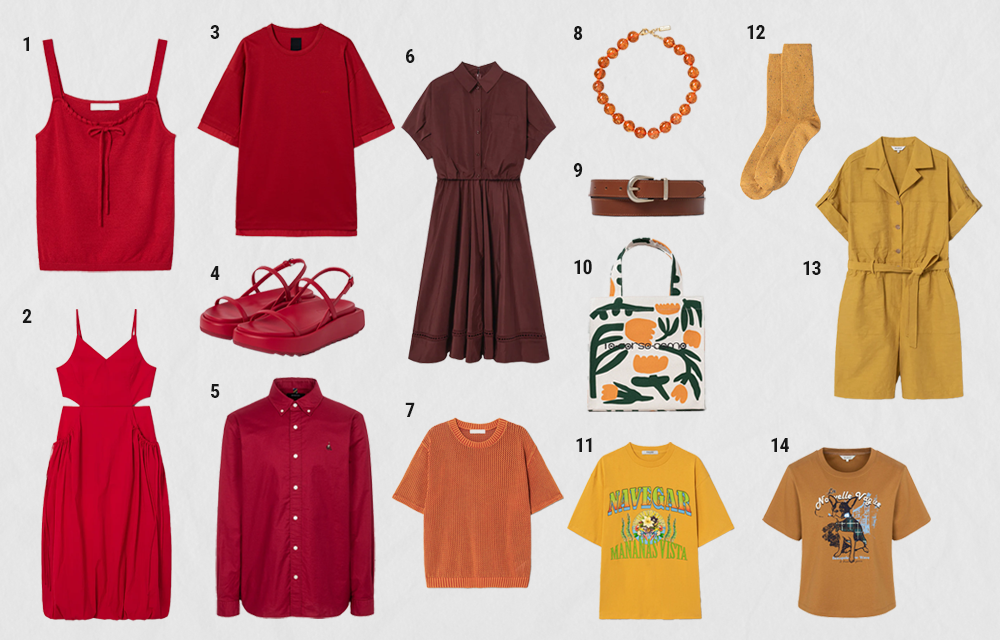 A selection of warm tone colorful summer items including red dress, orange knit top, yellow graphic tee and warm tone accessories.