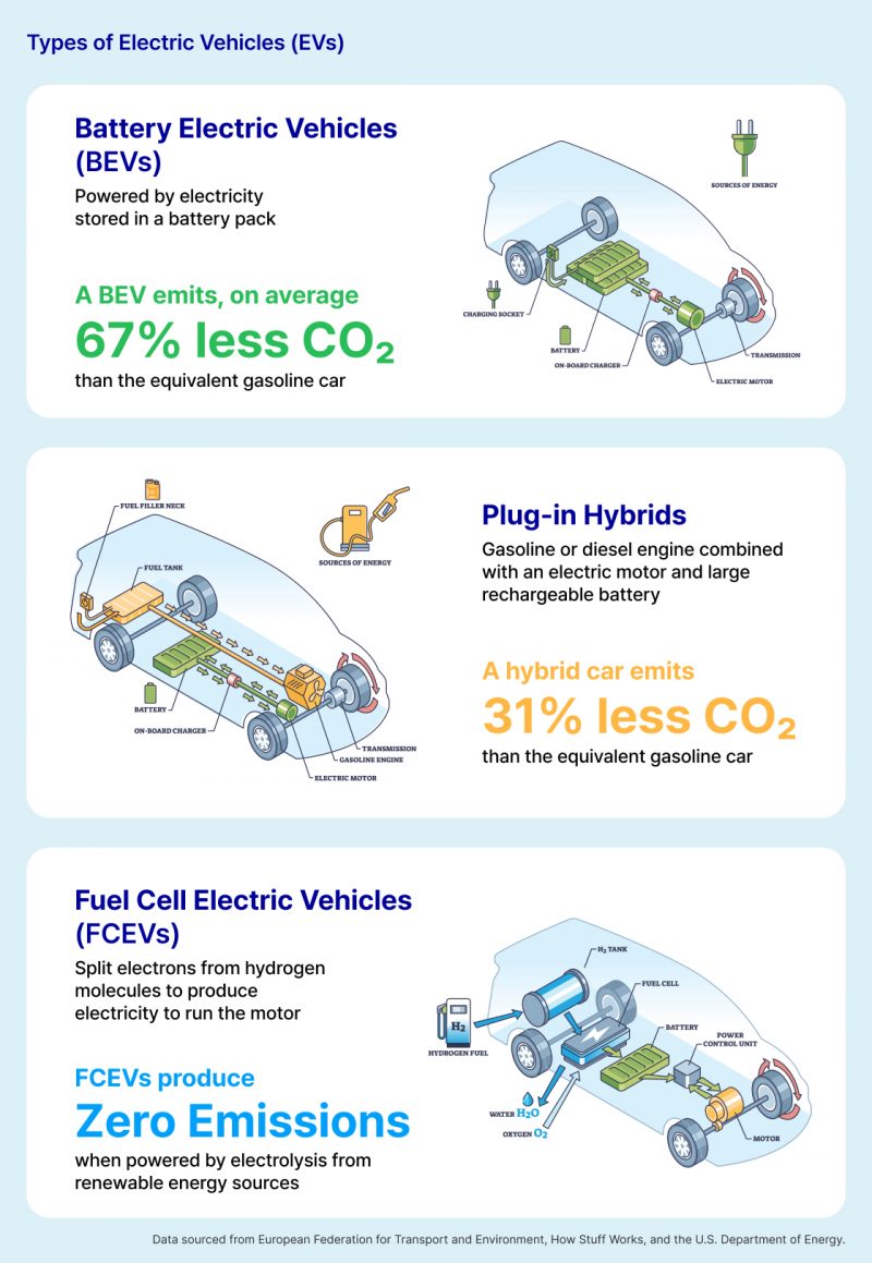 A graphic email outlining the differences between 3 types of Electric Vehicles including BEVs, Hybrids, and Fuel Cell Electric Vehicles.