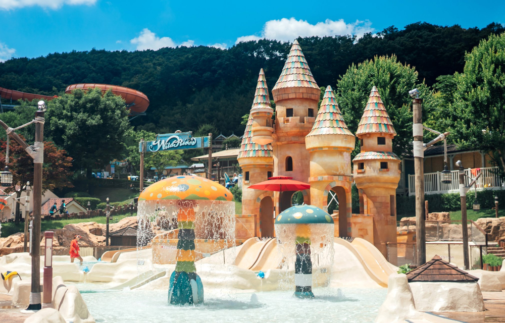 The Kiddie Pool at Korea’s Caribbean Bay – a children’s water park playground attraction with water fountains, a small castle, see-saws, and slides