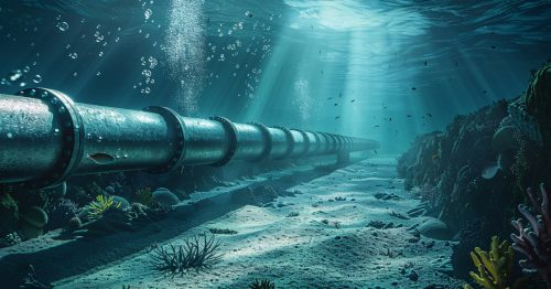 A metal pipe runs along the ocean floor surrounded by coral and other sea life, with the sun streaming in beneath the ocean's surface.