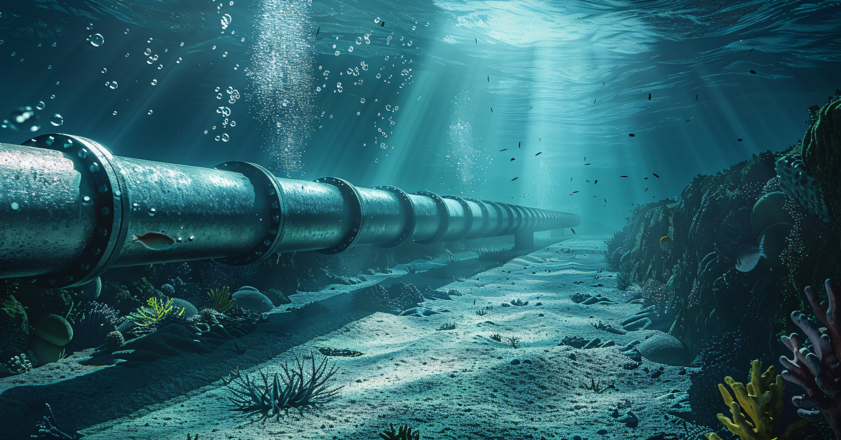 A metal pipe runs along the ocean floor surrounded by coral and other sea life, with the sun streaming in beneath the ocean's surface.