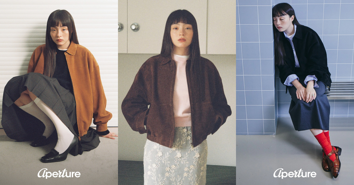 A triptych image of three editorial fashion images, the model on the left wears a brown jacket, a pleated skirt, knee-high socks and black pumps. The model in the center wears a dark brown jacket, a pink top and a white embroidered skirt and she stands posing with her hands in her pocket. The model on the right is leaning her head on a blue tiled wall while seated wearing a black jacket, grey skirt, red socks and sandals.