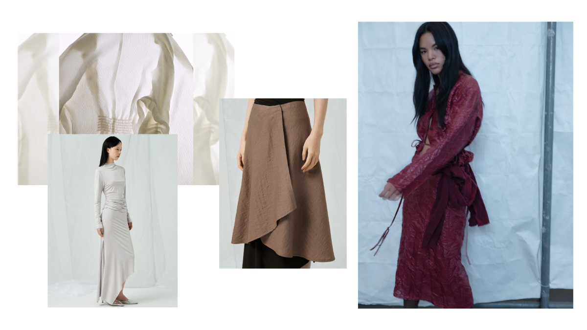 A collaged image showcasing Anggae’s layered and draping fabrics that include stretch jersey fabric top and skirt that hug the body, a tiered, layered brown linen skirt and a magenta matching set in a crinkled fabric.