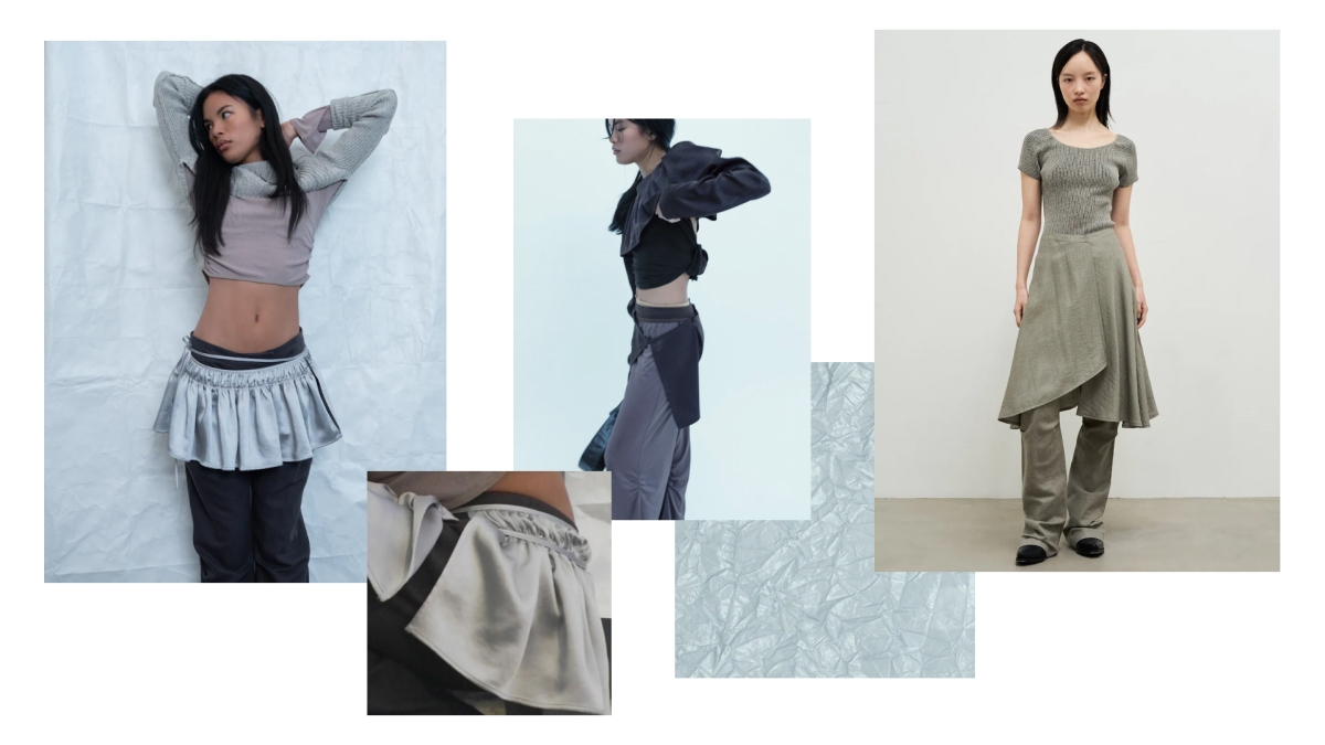 A collaged image showcasing Anggae’s layered styling technique with skirts, pants and top layers; all clothing pieces are seen in a range of fabrics including satin, cottons, and knit materials in colors such as greys, greens, navy, and charcoal.