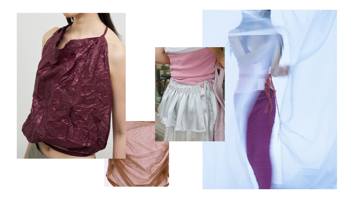 A collaged image showcasing Anggae’s use of magenta, purple, and pink in the collection that contrast with the otherwise neutral color palette seen throughout the collection.