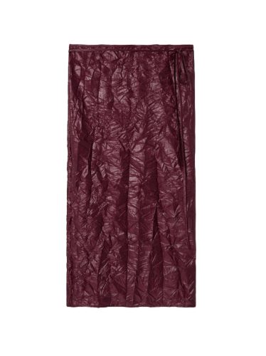 Long wrap skirt in a deep red color with a crinkle texture fabric