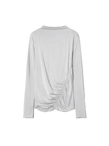 Long sleeve gathered top in light grey with a mock neck detail