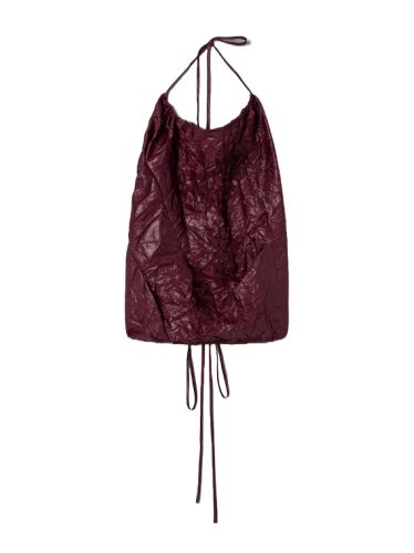 Halter neck top with ribbon tie detailing in a deep red color with textured crinkle material