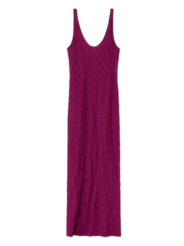 Simple long length sleeveless dress in a magenta color made from bubble textured fabric