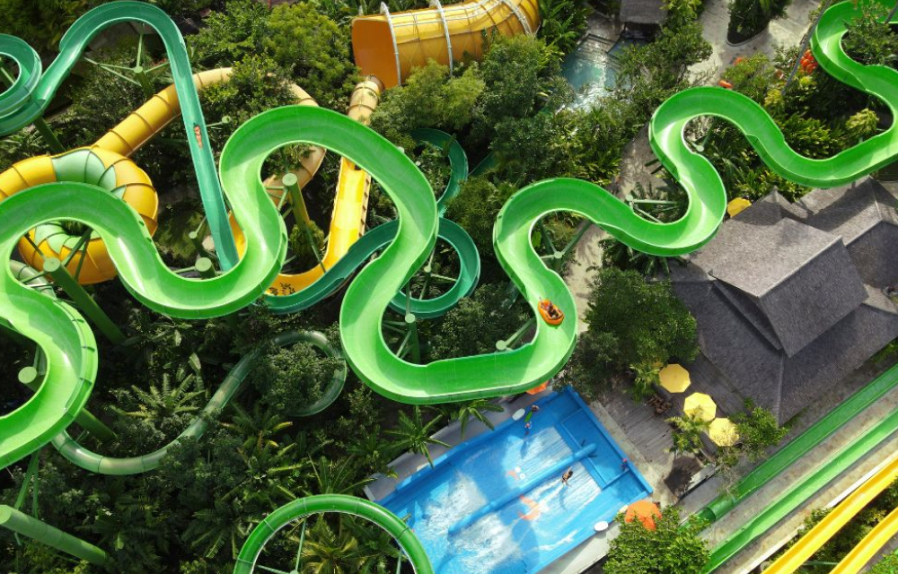 An aerial view of the 250-meter-long ’Constrictor’ water slide at Indonesia’s Waterbom Bali water park