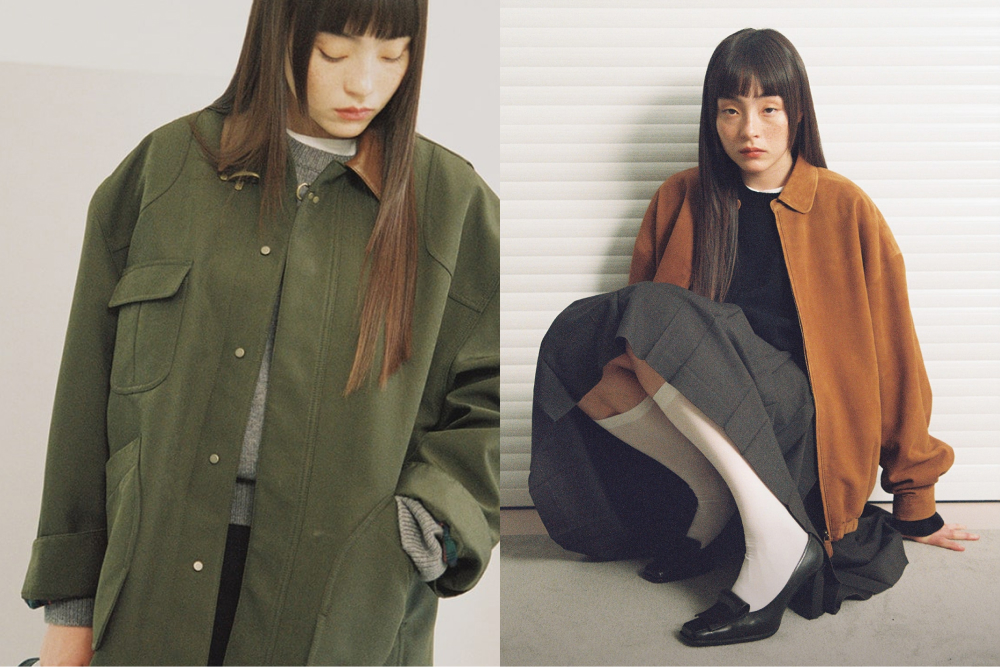 Left: The Aperture’s Breuer Coating Jacket in Khaki, Right: Suede Blouson in Yellowish Brown