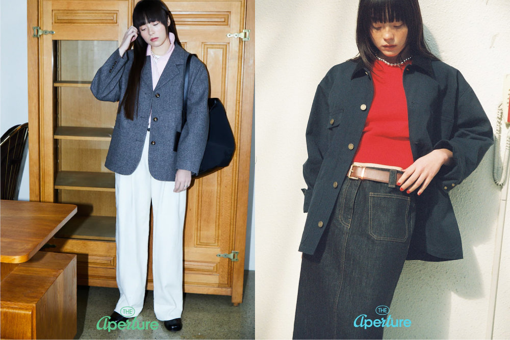 Two fashion editorial images side by side, on the left, a model wears white trousers, a grey wool blazer with a black tote over her shoulder as she poses in front of a wooden bookshelf. The model on the right wears a dark denim skirt with a brown belt, a red top under a navy worker jacket with a pearl necklace as she leans casually against a wall.