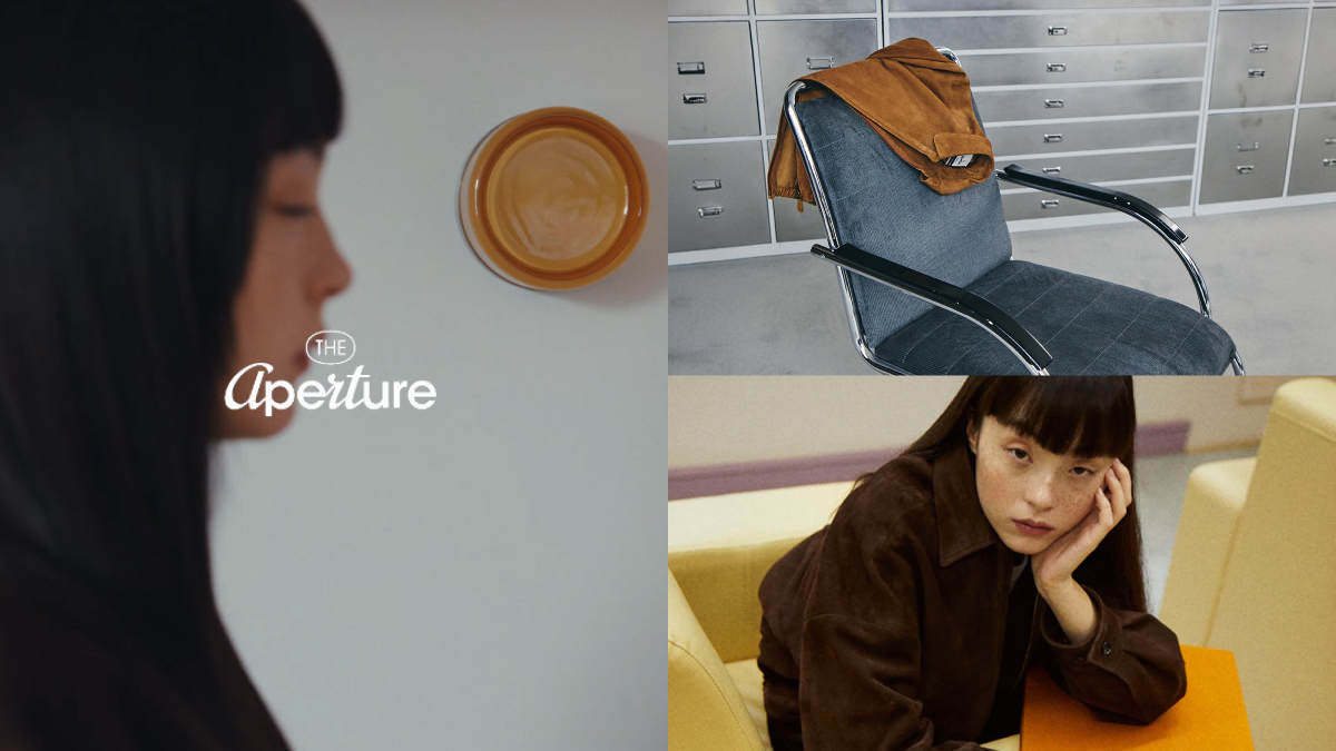 An image made of three photographs, on the left, The Aperture’s brand logo is placed over a woman’s face, there is a light in the background. The second image is of a blue velvet chair with a brown suede jacket draped over it. The third image, a woman sits with a demure expression with her hand resting on her face while sitting on a yellow sofa.