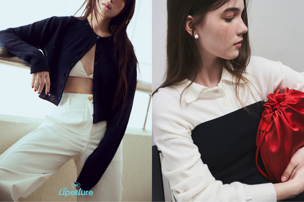 Two fashion editorial images side by side. The model on the left wears a cropped navy knit cardigan with a white bralette poking through paired with white high-waisted trousers. The model on the right wears a polo style knit sweater in an ivory color with a black knit tube top over it.