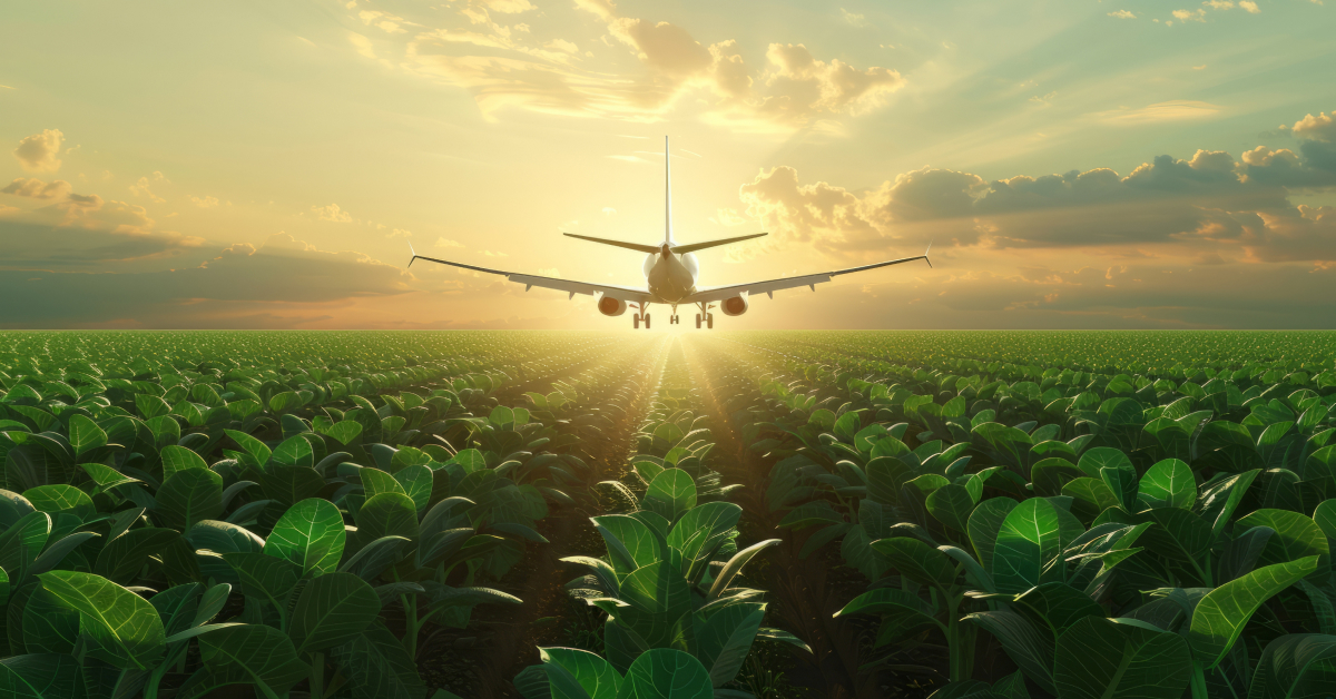 A passenger plane flies into the distance as the sun sets over a green field of plants on a cloudy summer evening.