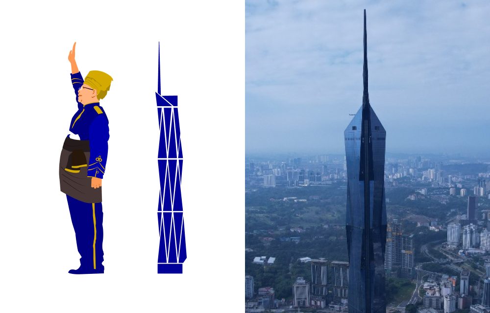 An illustration image of Malaysia's first Prime Minister Tunku Abdul Rahman on the day he declared independence in 1957 which inspired the design of the world’s second tallest building, Merdeka 118. Next to this is an actual image of Merdeka 118, cropped to highlight the building’s 160m-tall spire.