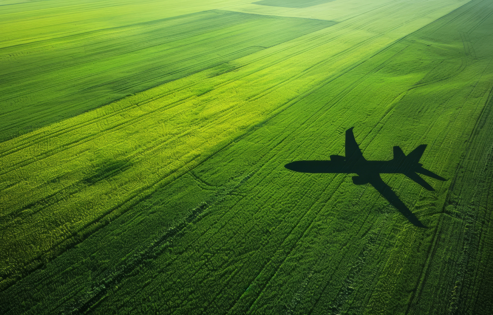 The shadow of a large passenger aircraft hovers over a vast green field in the countryside.