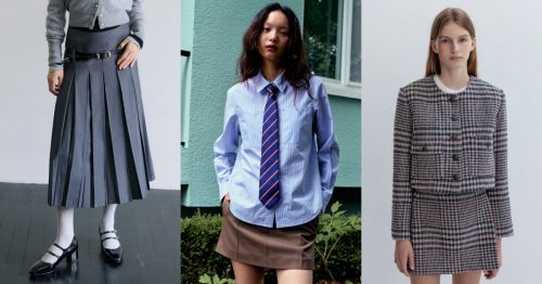 A triptych image showing three models in preppy fashion outfits. On the left, a model wears a charcoal wool pleated skirt by Maïs, paired with a dark grey top and black loafers. In the center, a model wears a khaki micro skirt and oversized white shirt with big pockets by Kuho Plus, standing with her hands in the skirt's pockets. On the right, a model wears a check tweed jacket and matching mini skirt by JOY GRYSON.