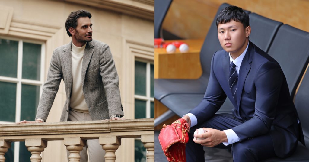 Left image: A stylish model stands in front of a traditional style railing wearing a beige wool blazer, white mock neck sweater and relaxed fit trousers; Right image: A Korean baseball player poses in a well-tailored navy suit with a baseball glove and a ball in his left and right hands, respectively.