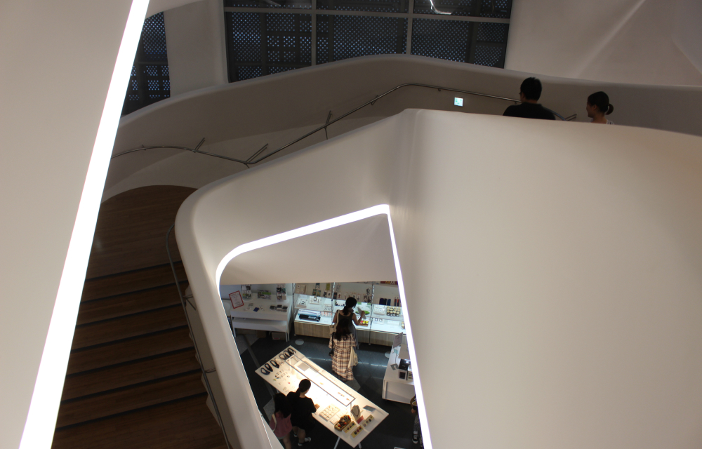 A view looking down a staircase inside Seoul’s Dongdaemun Design Plaza that was constructed by Samsung C&T Group