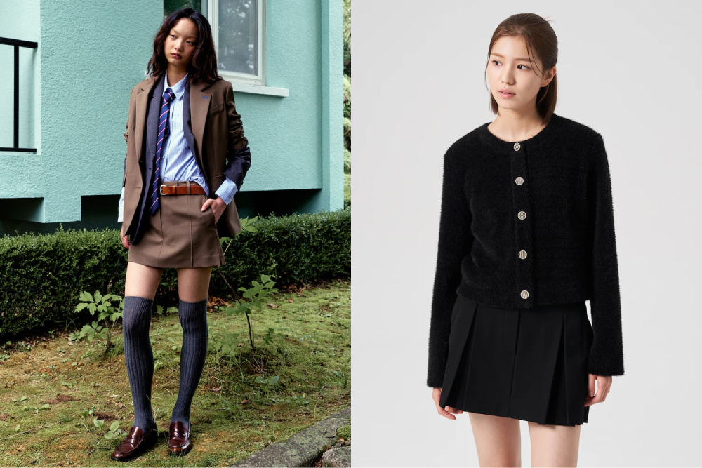 Two images showcasing preppy fall looks. On the left, a model is wearing a khaki micro skort with a matching tailored blazer by Kuho Plus, standing with one hand in her pocket. The model on the right is wearing a black textured cardigan jacket by 8 Seconds and a black plaited skirt.