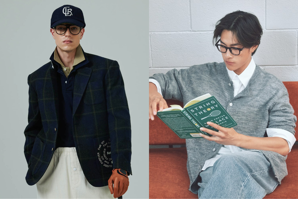 A split image showing two male models. On the left, the model wears a preppy checkered sports jacket from Beyond Closet in dark tones, paired with a navy polo shirt, light beige trousers, leather gloves, and a navy cap with 'CB' embroidered. On the right, a model sits on a red sofa reading a book titled "String Theory," styled in a casual yet refined grey cardigan from 8 Seconds over a white button-down shirt, light wash denim pants, and black-rimmed glasses.