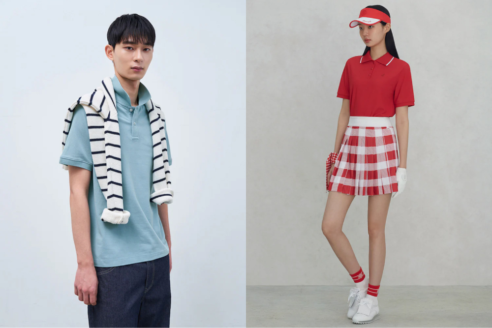 A side-by-side image showcasing preppy sportswear. On the left, a male model is dressed in a light blue Beanpole Men’s Supima cotton t-shirt with a striped jumper casually draped over his shoulders, paired with dark denim jeans for a laid-back yet refined look. On the right, a female model sports a red Beanpole Golf polo with a matching red plaid pleated skirt, accessorized with a red visor, red-and-white socks, and white sneakers.