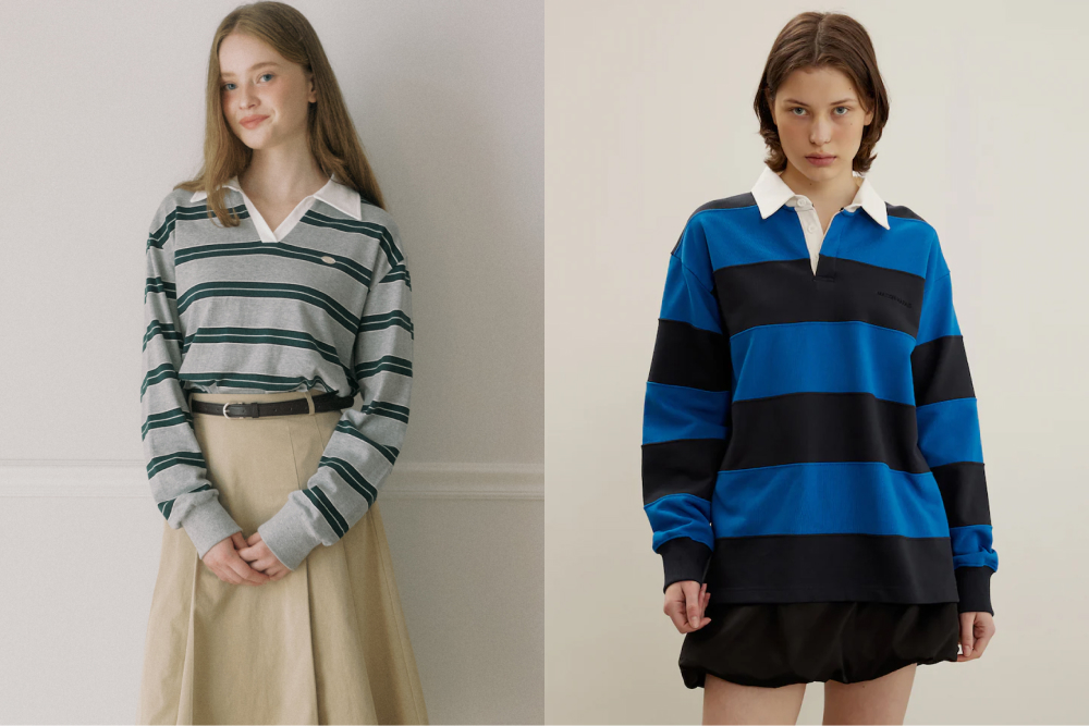 A two-part image featuring preppy fashion staples. On the left, a female model wears an Our Hope rugby-style sweater with green and grey stripes, tucked into a high-waisted beige midi skirt, achieving a vintage-inspired preppy look. On the right, another female model is dressed in a blue-and-black striped rugby top with embroidered details from Maisonmarais, styled over black shorts.