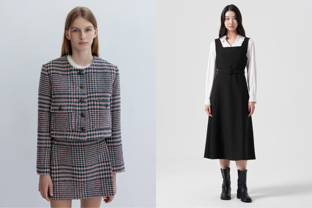 Split image of two preppy office looks. On the left, a female model wears a JOY GRYSON tweed co-ord featuring a structured checkered jacket and matching mini skirt. On the right, another female model stands in a minimalist, timeless black tunic from 8 Seconds, layered over a white shirt and paired with black ankle boots.