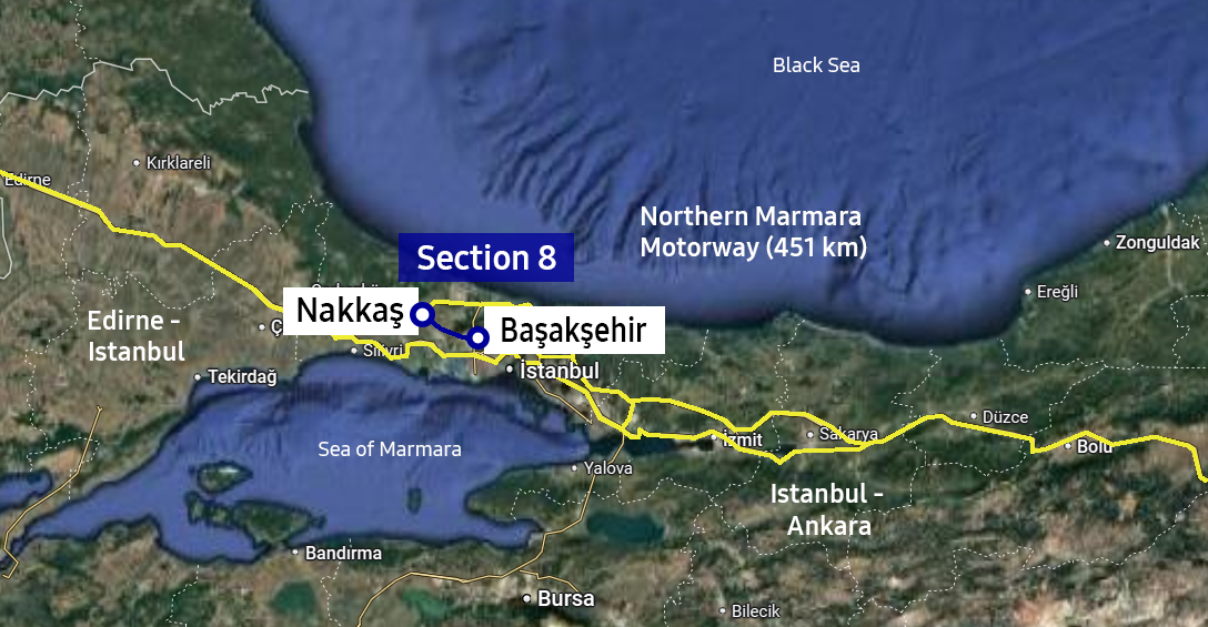 A map of Turkiye’s Northern Marmara Motorway where Samsung C&T will work on a major highway expansion marked in blue (Map sourced from Google Maps)