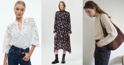 A triptych of fashion images; left image: a model wears a long-sleeved black midi dress with a pink floral print on it with ruffled details paired with black leather boots, center: a woman stands with her hand tucked into the belt loop of her high-waisted jeans while wearing a white lace boho-chic style top; right image: a model looks down at the ground with her hand in her pocket while wearing an oatmeal colored cable knit sweater and jeans with a brown sueded hobo bag on her shoulder.