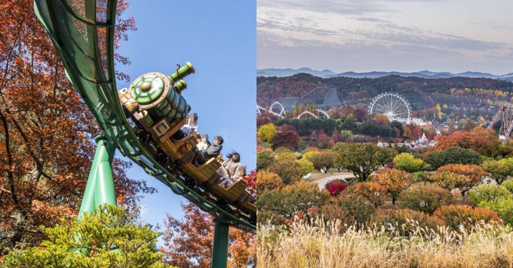 Left image: A children’s roller coaster comes around a sharp bend with a train that looks like a real train, in the background are beautiful red autumn trees at Everland Resort in South Korea owned by Samsung C&T Resort Group; right image: A wide landscape image overlooking Korea’s Everland Resort in the fall. The image looks down at the park from up high with autumnal trees and shrubbery in the foreground in a range of reds, greens, oranges, and yellows. In the background are mountains that extend into the distance, and the park’s roller coasters and attractions are visible in the center of the image.