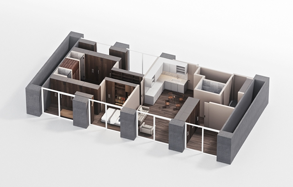 A 3D model of a Raemian apartment unit, showcasing distinct rooms including a bedroom, living area, kitchen, and bathroom, arranged to optimize space in a compact floor plan.