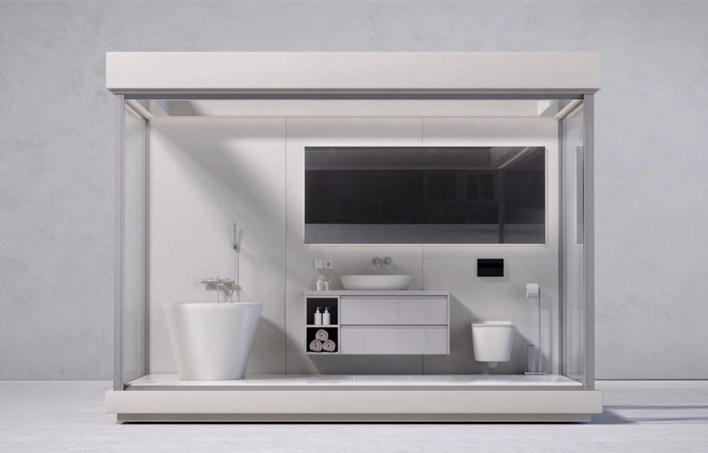 A prefabricated bathroom pod from Raemian THE NEXT HOME, featuring a contemporary design with a bathtub, sink, and toilet, all within a compact, glass-enclosed space optimized for easy installation and modern living.