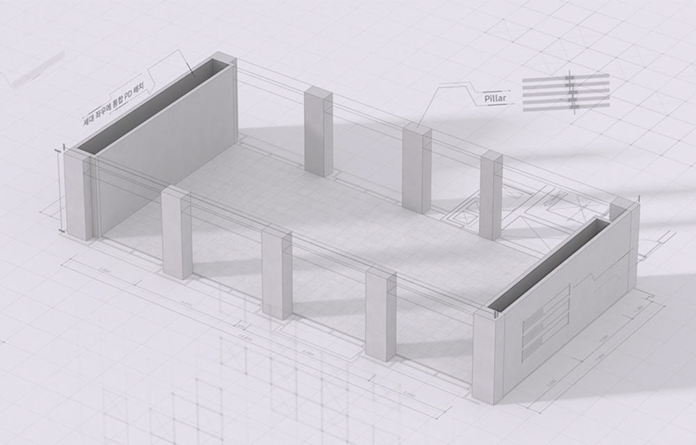 An architectural sketch of the NEXT Rahmen structure showing a modular framework for flexible apartment layouts, developed by Raemian to create adaptable and energy-efficient living spaces.