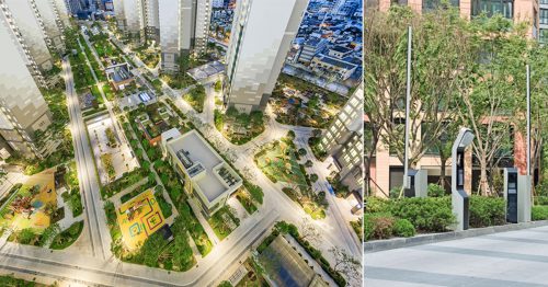 Aerial view of Raemian's residential complex, highlighting landscaped pathways, green zones, and recreational areas integrated among high-rise buildings.