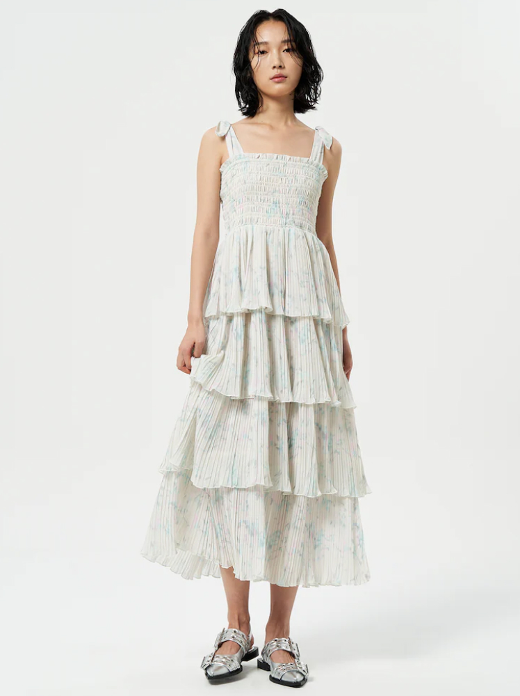 GANNI pleated georgette strap smock midi dress in tofu