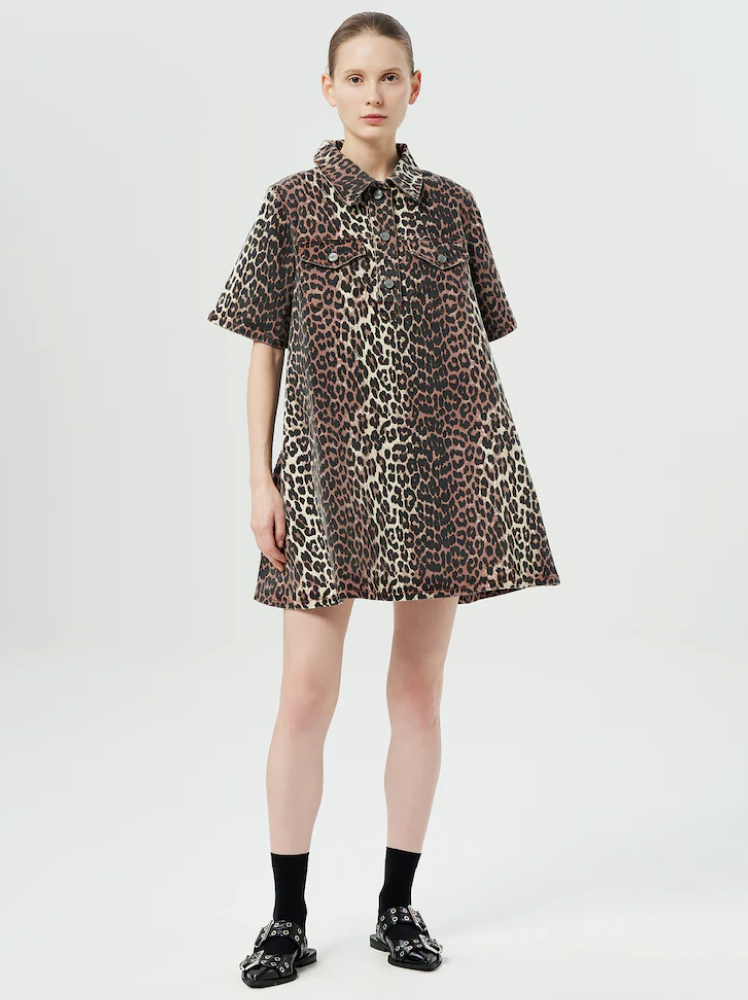 GANNI leopard print denim mini dress