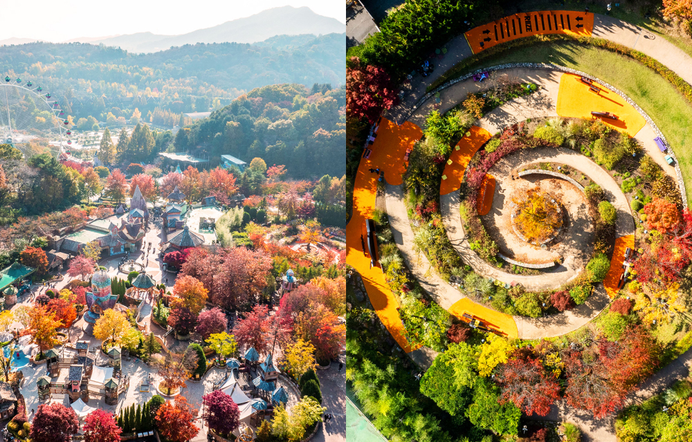 Left image: An ariel view of Everland Resort's Magic Land, covered in fall foliage and the perfect place for children to spend autumn days in Korea; right image: An ariel view of the spiral-shaped Music Garden located in Everland's Magic Land.