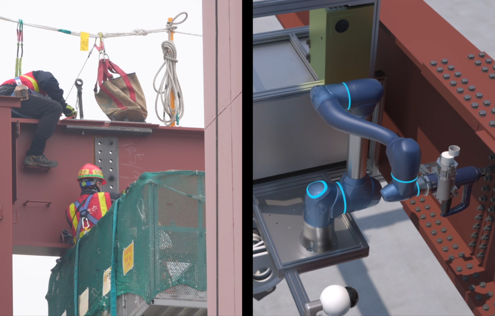 Split-screen image showing a traditional construction worker manually handling steel bolts on the left, and the Wall-Perforating Robot using advanced automation technology on the right, demonstrating the transition from manual to robotic construction methods.