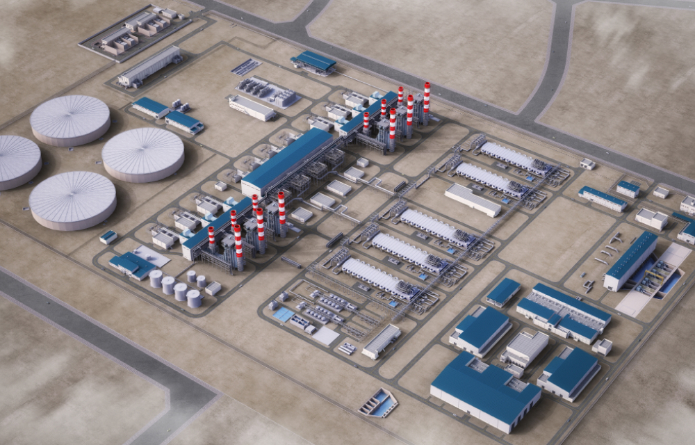 An aerial view of a large industrial desalination and power plant, featuring storage tanks, chimneys, pipelines, and various facilities laid out in a grid on a sandy landscape.