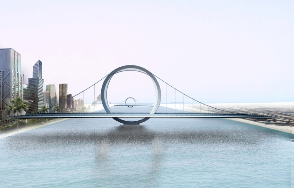 A rendering of a modern bridge design featuring a large circular loop at the center, connecting two urban landscapes over a body of water, with sleek skyscrapers visible on one side.